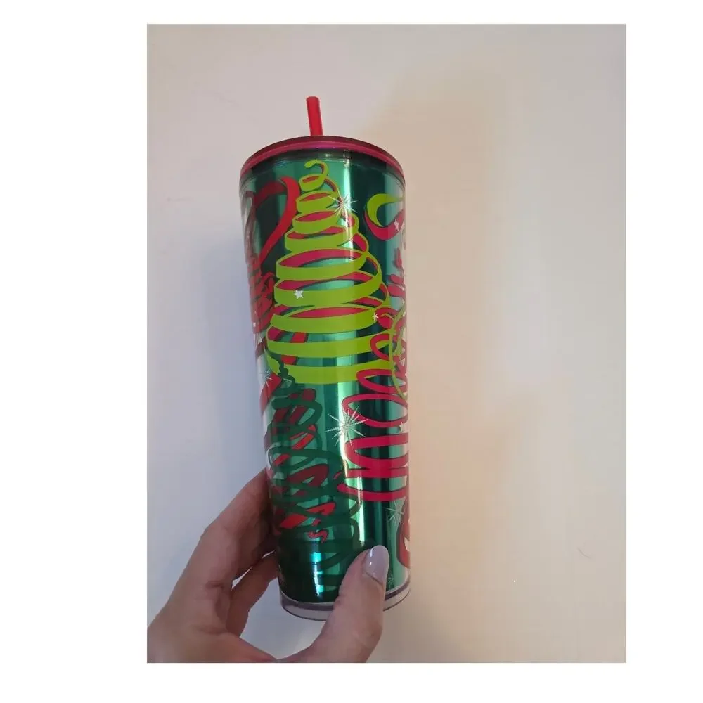 Starbucks Holiday 2023 Ribbon Trees Venti Cold Tumbler in Emerald Green Red Lid